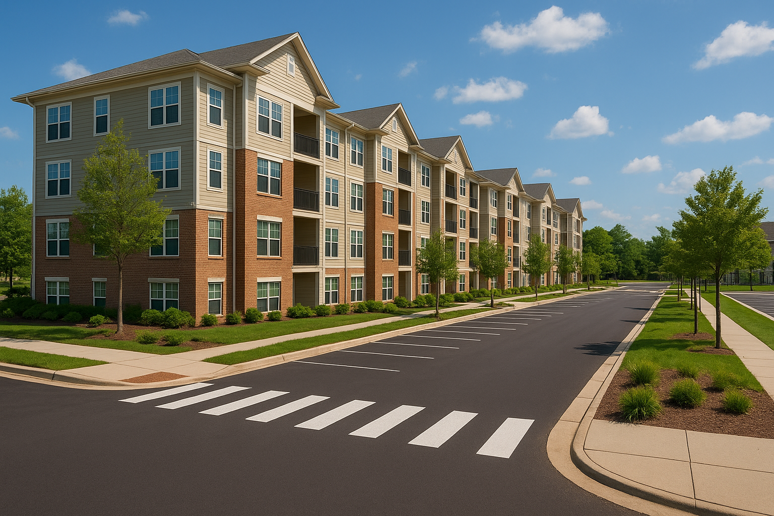 Modern apartment buildings with pedestrian-friendly frontage