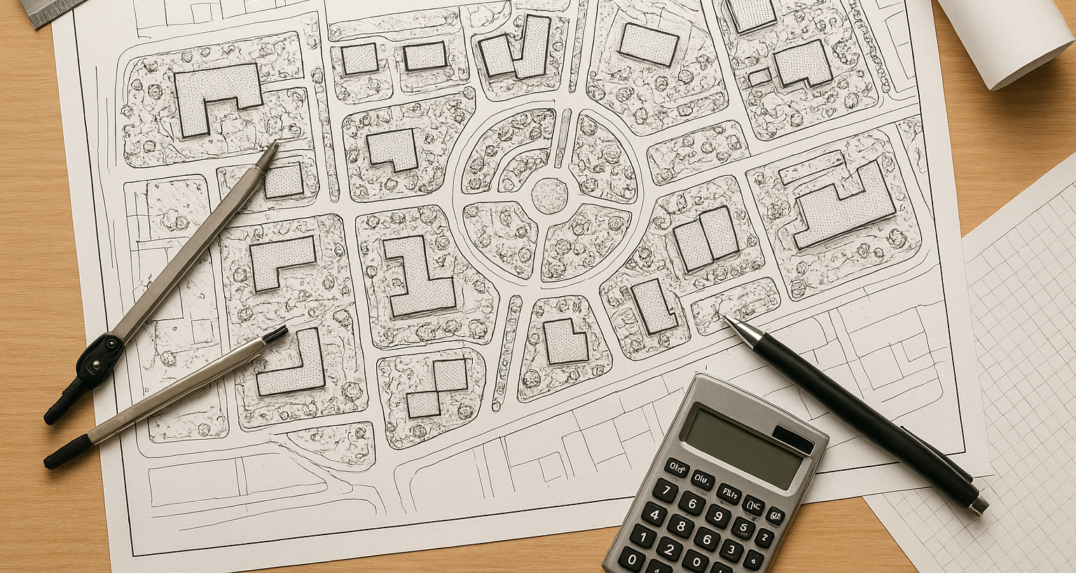 Diagrammatic master plan grid with corridors and green space