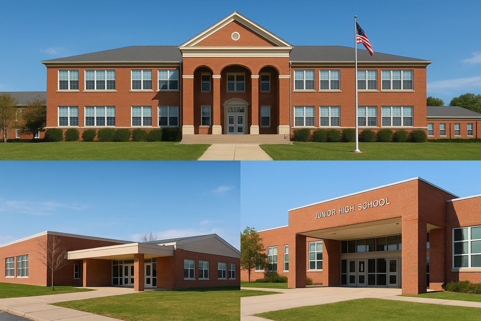 Marked crosswalk and school frontage emphasizing safety